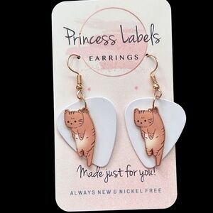 Hand Crafted Earrings Repurposed Guitar Picks Tan Tabby Cats on White